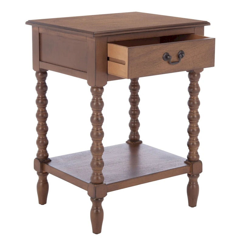 Table d'appoint de ferme avec tiroir et étagère ouverte – Pieds tournés en balustre, 48 cm L x 41 cm P x 66 cm H