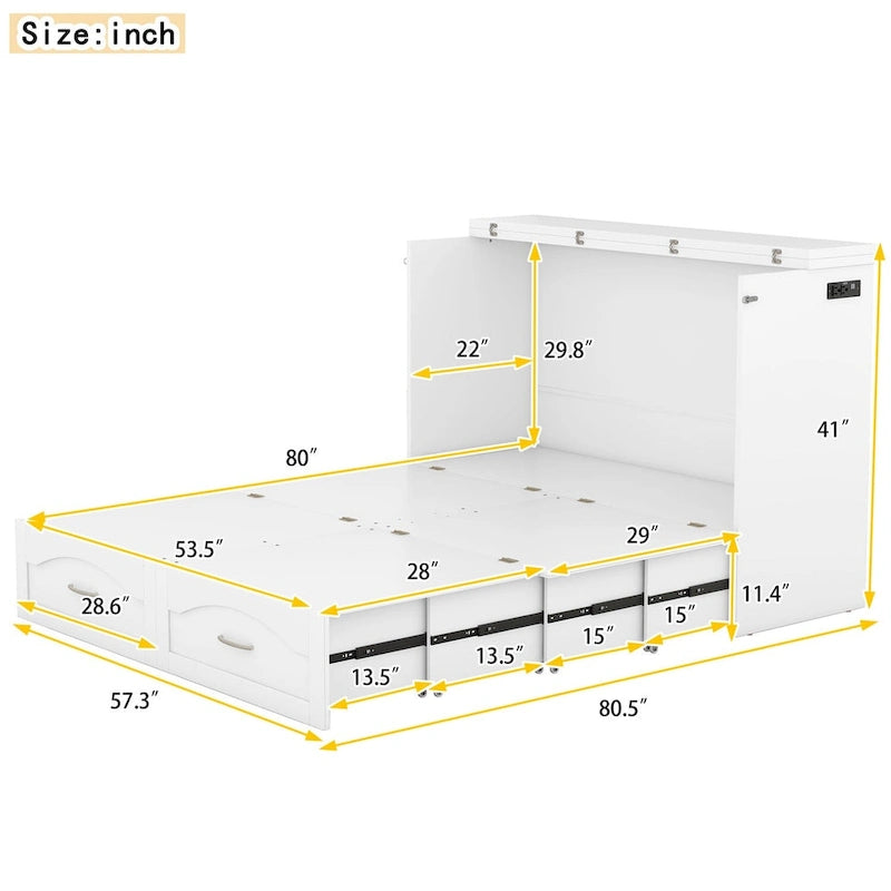 Lit escamotable Queen/Full avec tiroir et un ensemble de prises de courant et ports USB