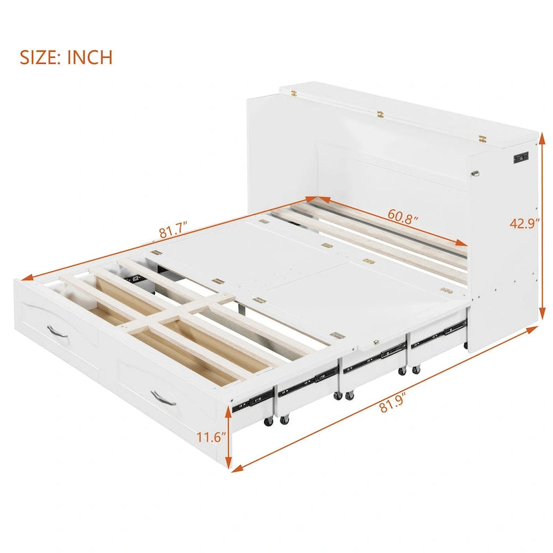 Lit escamotable Queen/Full avec tiroir et un ensemble de prises de courant et ports USB