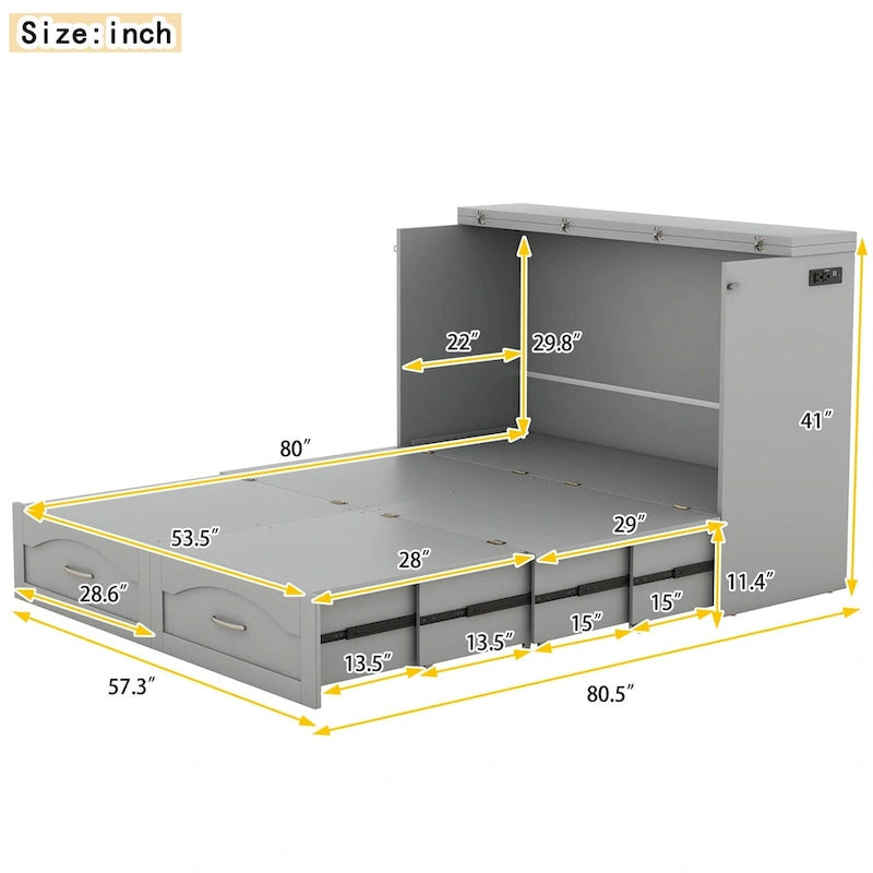Lit escamotable Queen/Full avec tiroir et un ensemble de prises de courant et ports USB