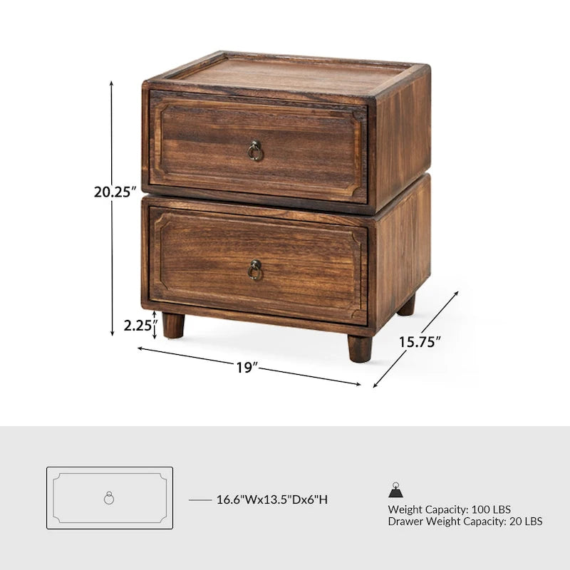 Table de chevet modulaire de transition à 2 tiroirs – Style Ferme, poignées en bronze antique, 48,3 L x 40 P x 51,4 H cm