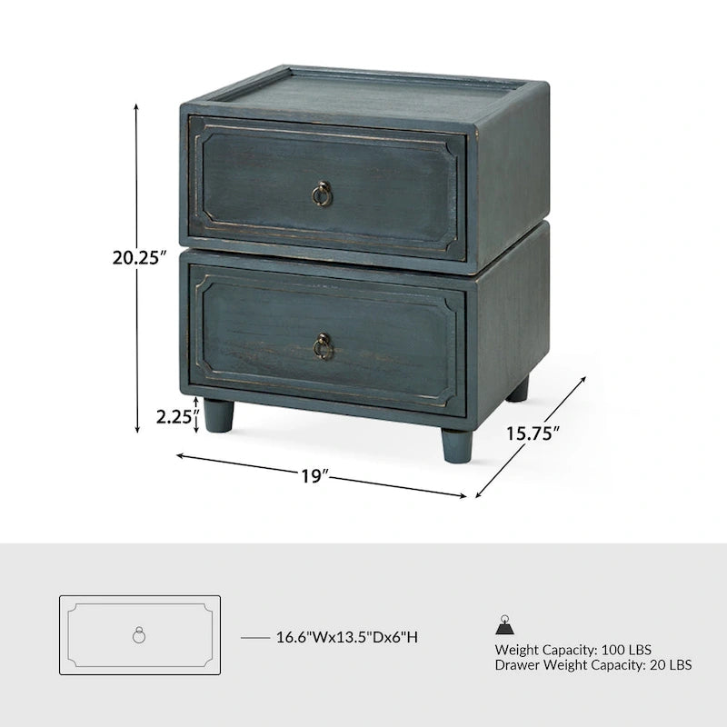 Table de chevet modulaire de transition à 2 tiroirs – Style Ferme, poignées en bronze antique, 48,3 L x 40 P x 51,4 H cm