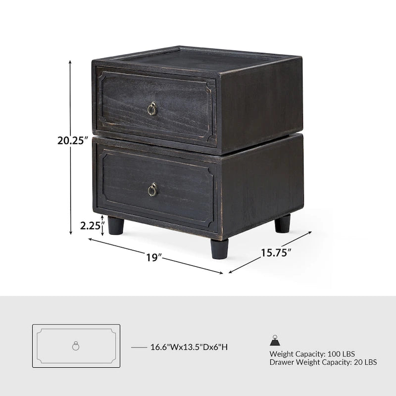 Table de chevet modulaire de transition à 2 tiroirs – Style Ferme, poignées en bronze antique, 48,3 L x 40 P x 51,4 H cm