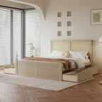 Lit plateforme double en bois avec 4 tiroirs de rangement et tête de lit en rotin