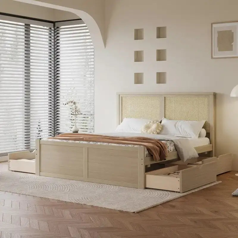 Lit plateforme double en bois avec 4 tiroirs de rangement et tête de lit en rotin
