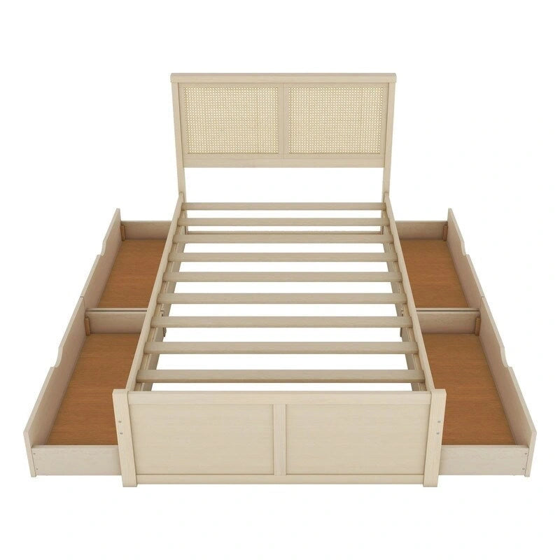 Lit plateforme double en bois avec 4 tiroirs de rangement et tête de lit en rotin