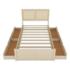 Lit plateforme double en bois avec 4 tiroirs de rangement et tête de lit en rotin