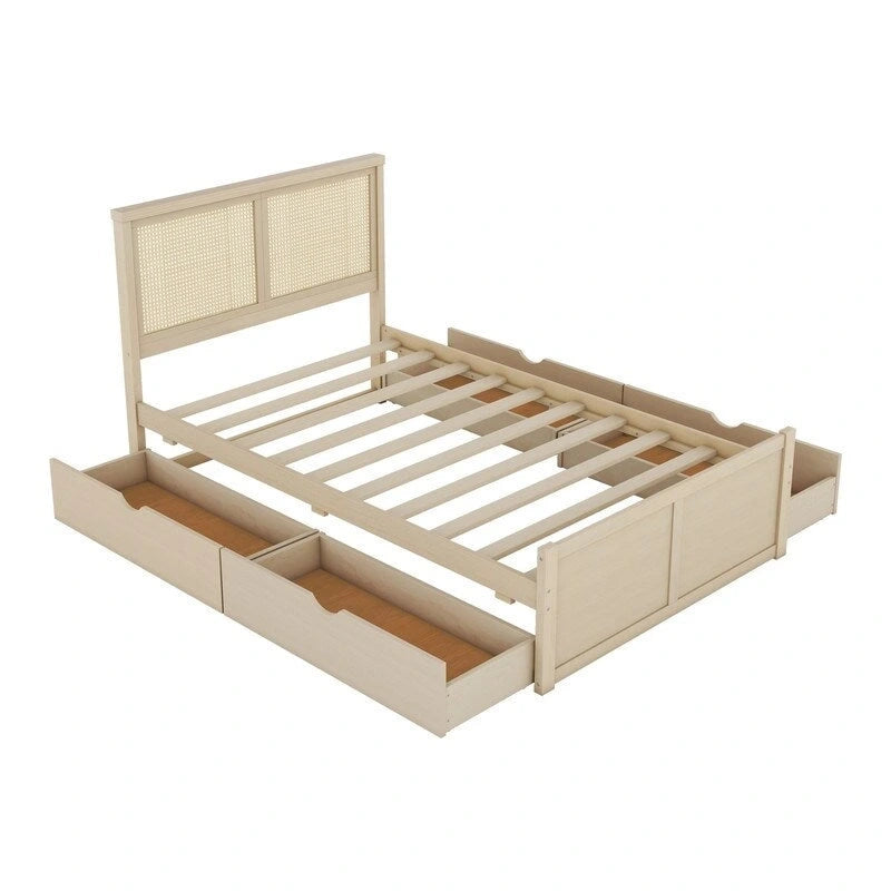 Lit plateforme double en bois avec 4 tiroirs de rangement et tête de lit en rotin