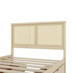 Lit plateforme double en bois avec 4 tiroirs de rangement et tête de lit en rotin