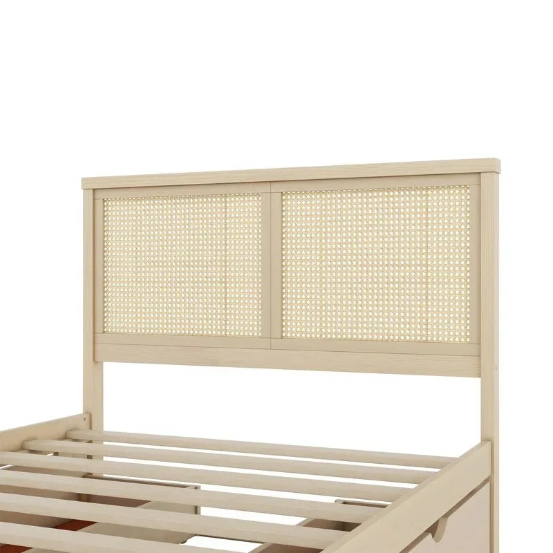Lit plateforme double en bois avec 4 tiroirs de rangement et tête de lit en rotin