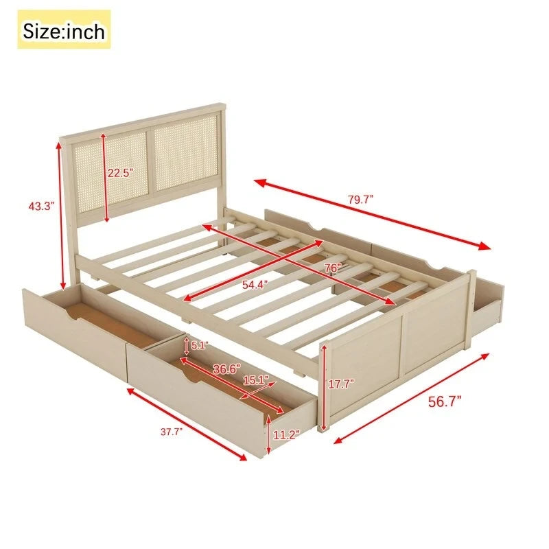 Lit plateforme double en bois avec 4 tiroirs de rangement et tête de lit en rotin