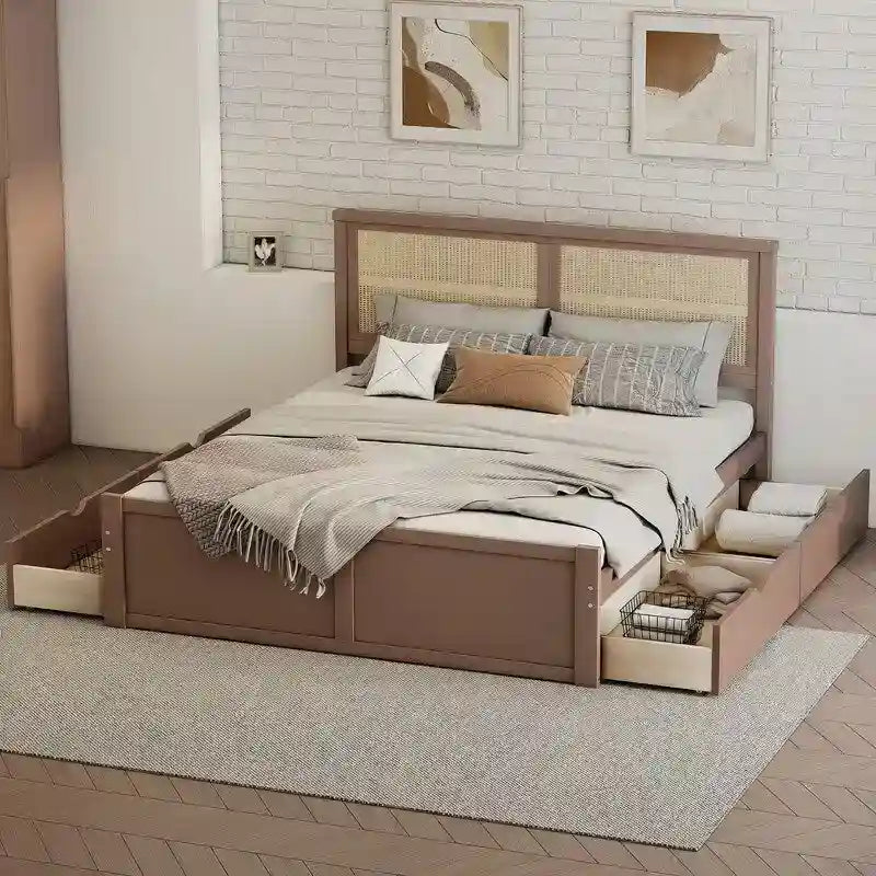 Lit plateforme double en bois avec 4 tiroirs de rangement et tête de lit en rotin