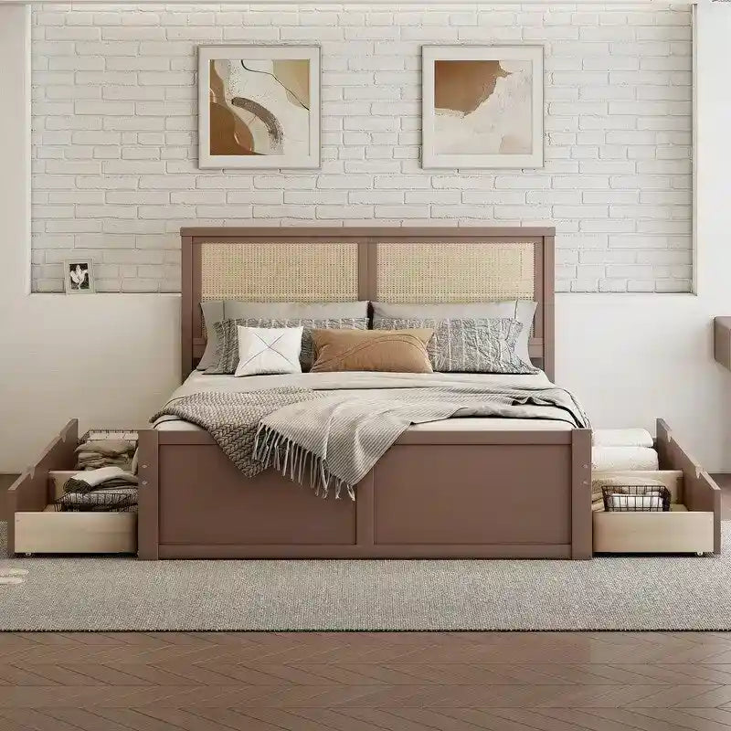 Lit plateforme double en bois avec 4 tiroirs de rangement et tête de lit en rotin