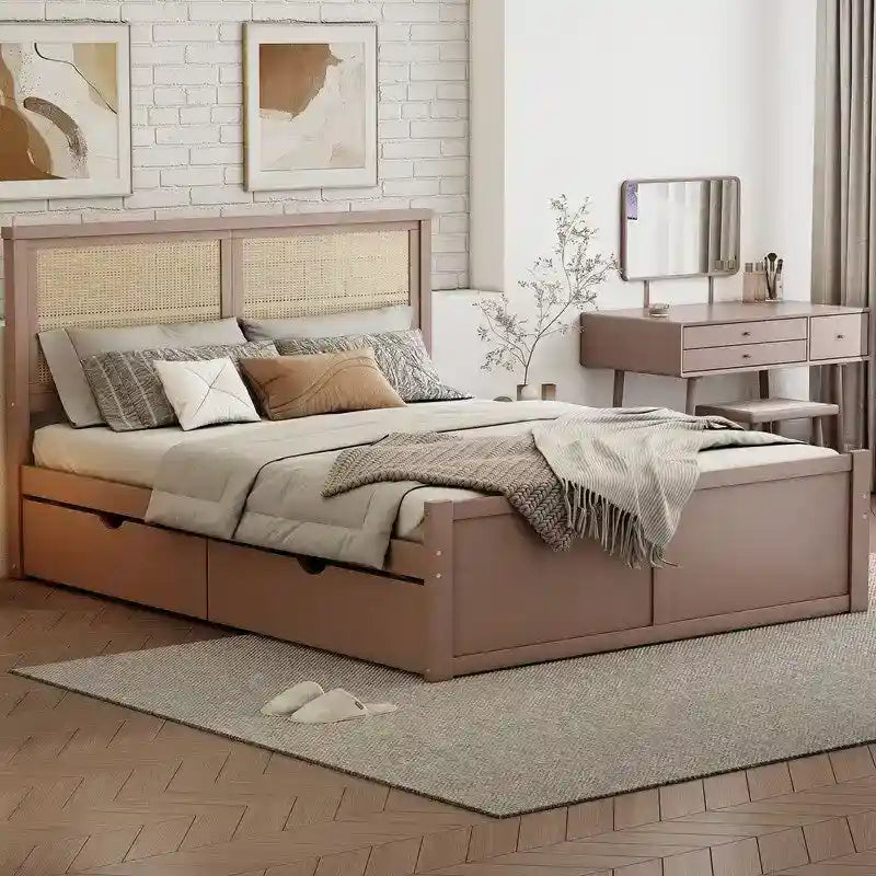 Lit plateforme double en bois avec 4 tiroirs de rangement et tête de lit en rotin