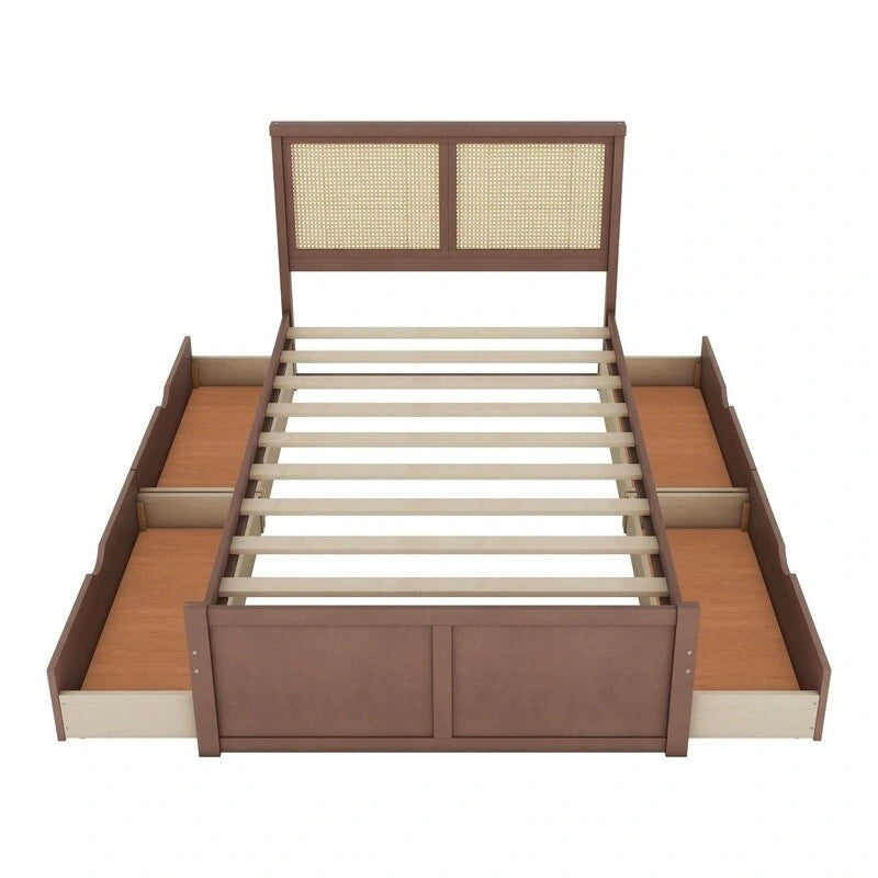 Lit plateforme double en bois avec 4 tiroirs de rangement et tête de lit en rotin