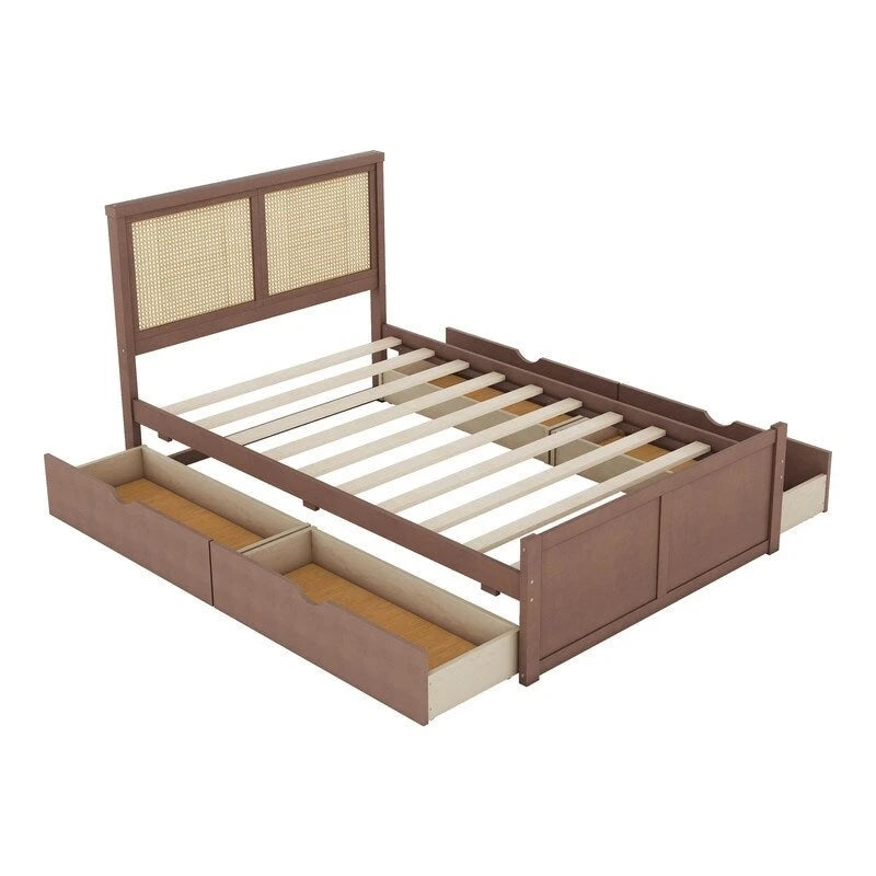 Lit plateforme double en bois avec 4 tiroirs de rangement et tête de lit en rotin