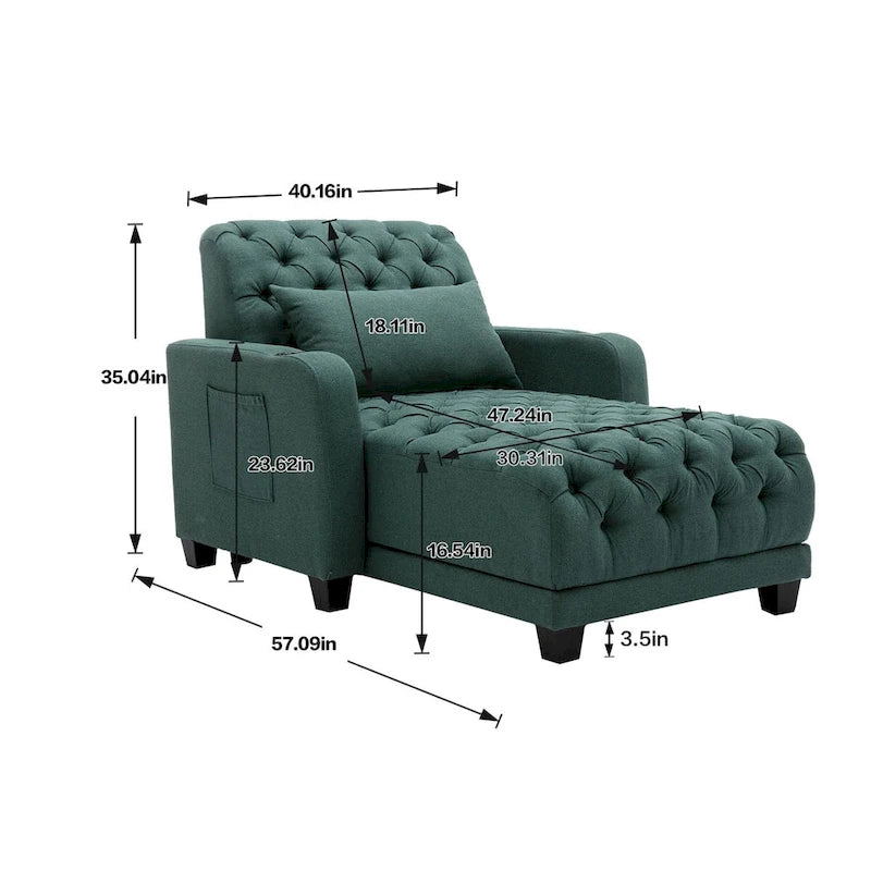 Méridienne inclinable capitonnée – Tissu polyester, Assise en mousse, Capacité 181 kg, 102x145x97 cm