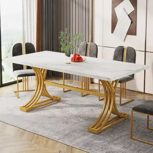 63 Modern Dining Table with Faux Marble Tabletop Golden Frame for Kitchen Dining Room