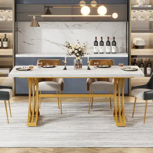 Table à manger moderne de 63 pouces avec plateau en similicuir marbre et cadre doré pour cuisine et salle à manger