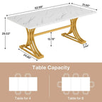 Table à manger moderne de 63 pouces avec plateau en similicuir marbre et cadre doré pour cuisine et salle à manger