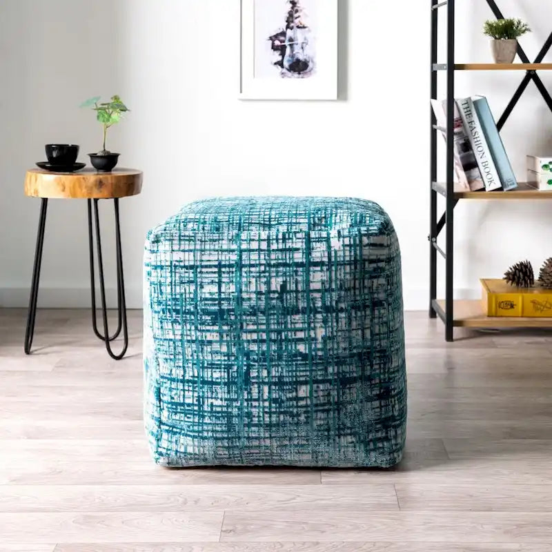 Pouffe ottoman 45 cm bleu en mélange de polyester – Repose-pieds compact pour salon