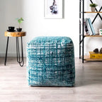 Pouffe ottoman 45 cm bleu en mélange de polyester – Repose-pieds compact pour salon