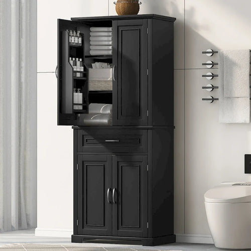 Meuble de rangement de salle de bain avec portes et tiroir, multiples espaces de rangement, étagère réglable, noir