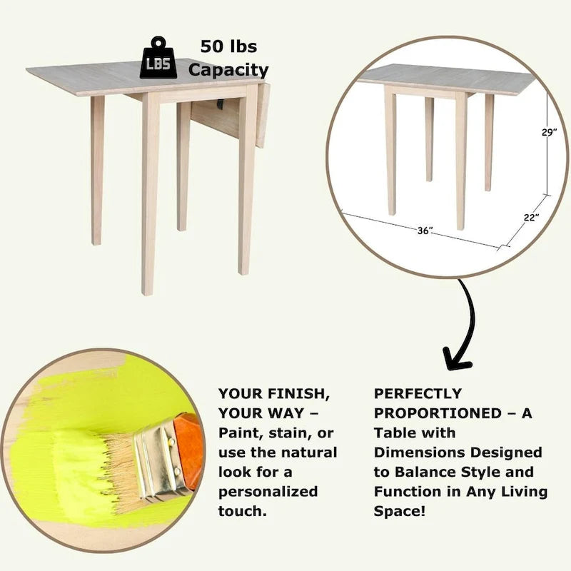 Petite table de salle à manger à abattants de style Shaker – Bois d'hévéa massif, 36W x 22D x 29H po, Plusieurs finitions