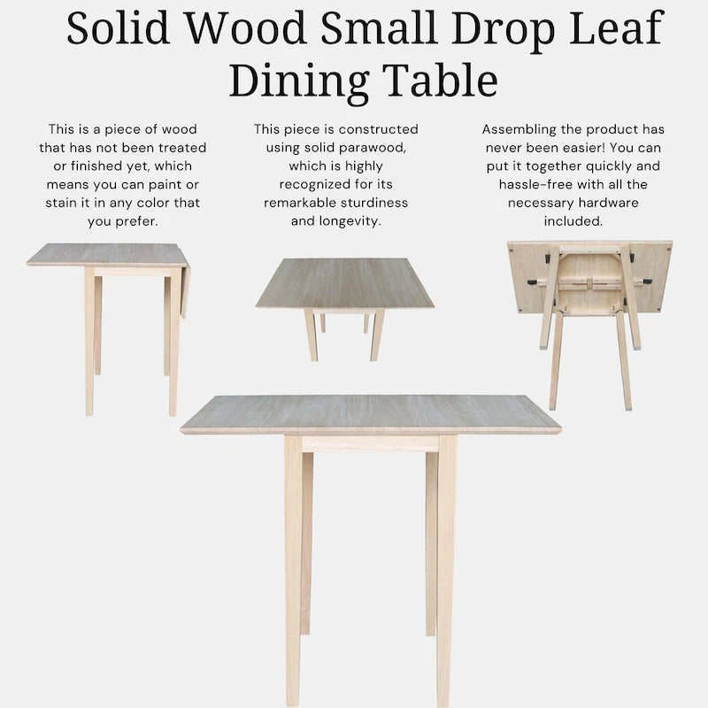 Petite table de salle à manger à abattants de style Shaker – Bois d'hévéa massif, 36W x 22D x 29H po, Plusieurs finitions