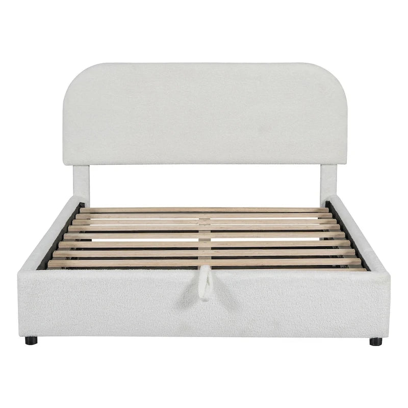 Lit plateforme capitonné pleine grandeur en polaire peluche avec système de rangement hydraulique