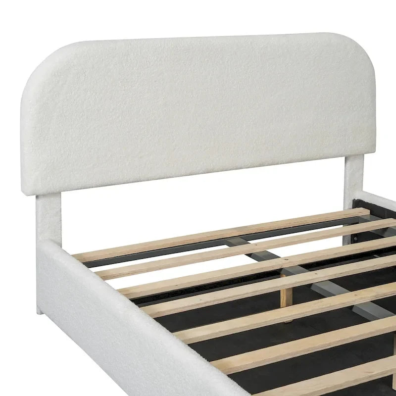 Lit plateforme capitonné pleine grandeur en polaire peluche avec système de rangement hydraulique