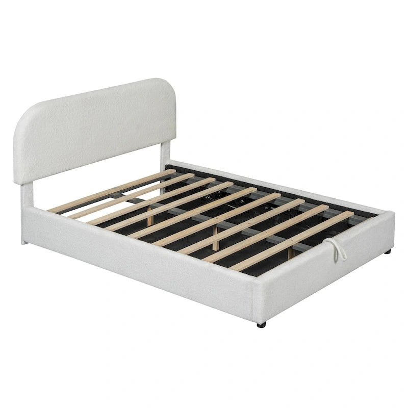 Lit plateforme capitonné pleine grandeur en polaire peluche avec système de rangement hydraulique