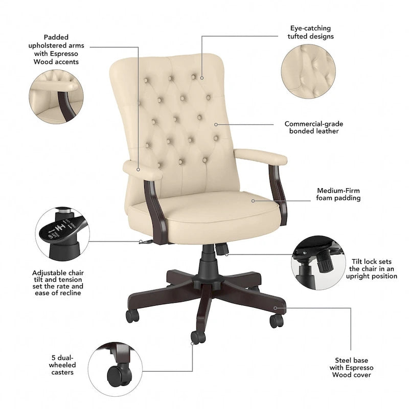 Chaise de bureau capitonnée à dossier haut Cabot avec accoudoirs – Fauteuil de bureau de direction