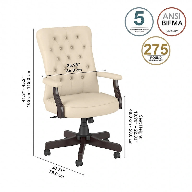 Chaise de bureau capitonnée à dossier haut Cabot avec accoudoirs – Fauteuil de bureau de direction