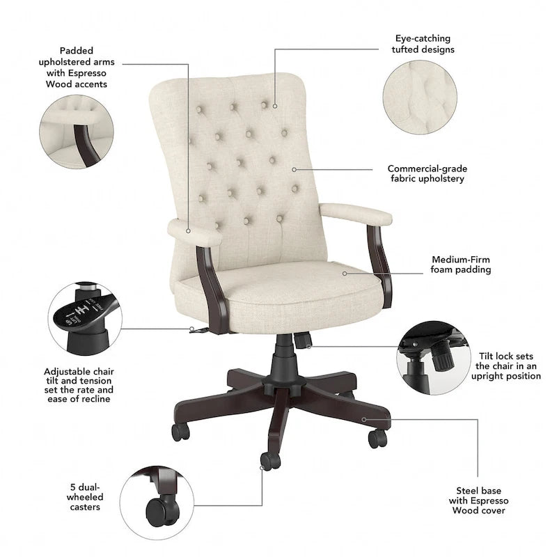 Chaise de bureau capitonnée à dossier haut Cabot avec accoudoirs – Fauteuil de bureau de direction