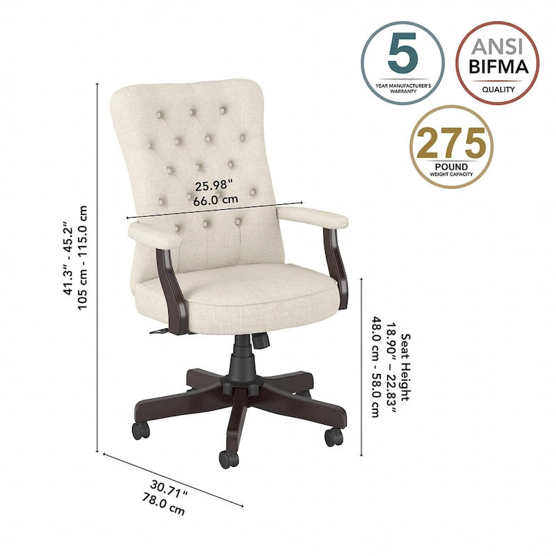 Chaise de bureau capitonnée à dossier haut Cabot avec accoudoirs – Fauteuil de bureau de direction